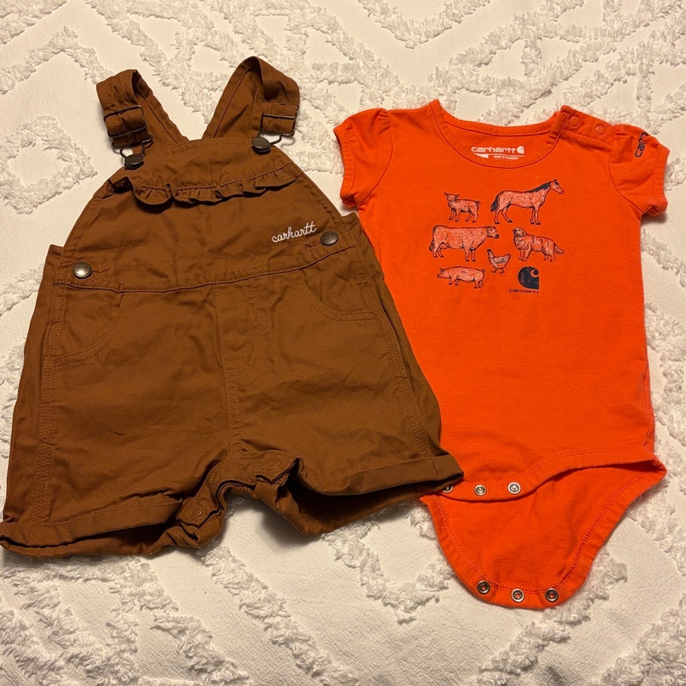 Carhartt Brown Shortall and Orange Animal-Print Bodysuit Set